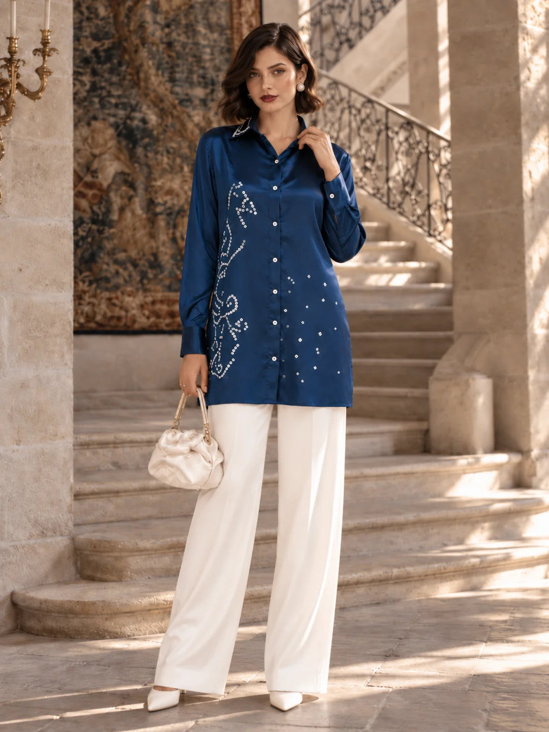 Deep Sea Blue Embroidered Collar Hand-Tied Pure Bandhani Shirt in Gajji Silk
