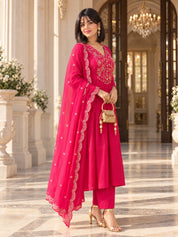 Magenta Pink Sequin Embroidered Yoke Kurta Set with Dupatta in Crepe