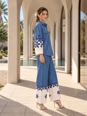 Denim Blue & White Floral Contrast Shirt Co-ord Set in Cotton Linen