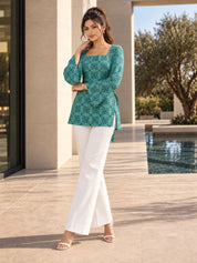 Light Blue Criss-Cross Tie Geometric Floral Jaal Short Kurti in Cotton