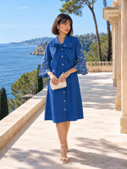 Blue Wide Bow-Tie Floral Cutwork A-Line Dress in Cotton Poplin