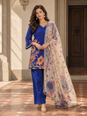 Conjunto de Kurta de 3 piezas bordado floral multicolor azul cielo en Mul Chanderi