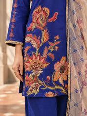 Conjunto de Kurta de 3 piezas bordado floral multicolor azul cielo en Mul Chanderi