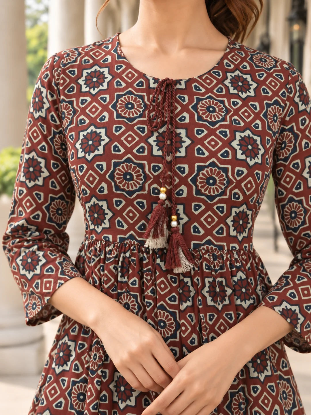 Mud Brown Tie-Neck Geometric Floral Peplum Short Kurti in Cotton