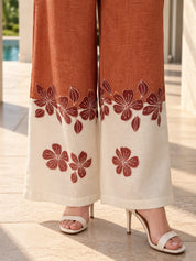 Rust Orange & White Floral Contrast Shirt Co-ord Set in Cotton Linen