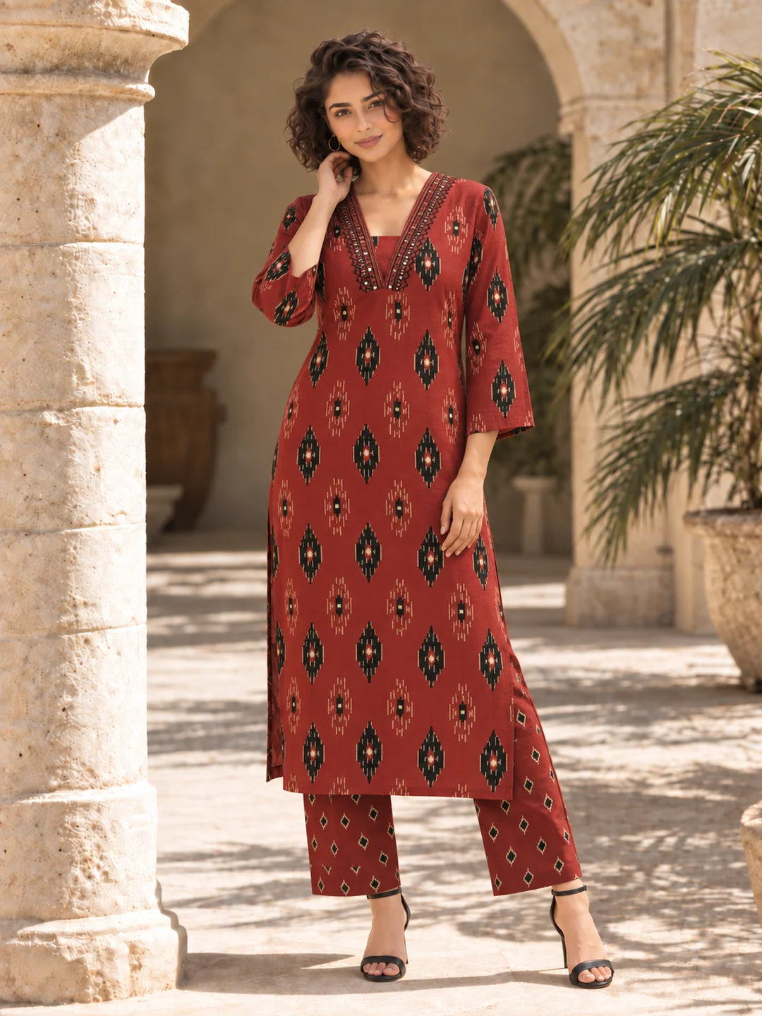 Maroon and Black Ikat Print Kurta Set in Cotton