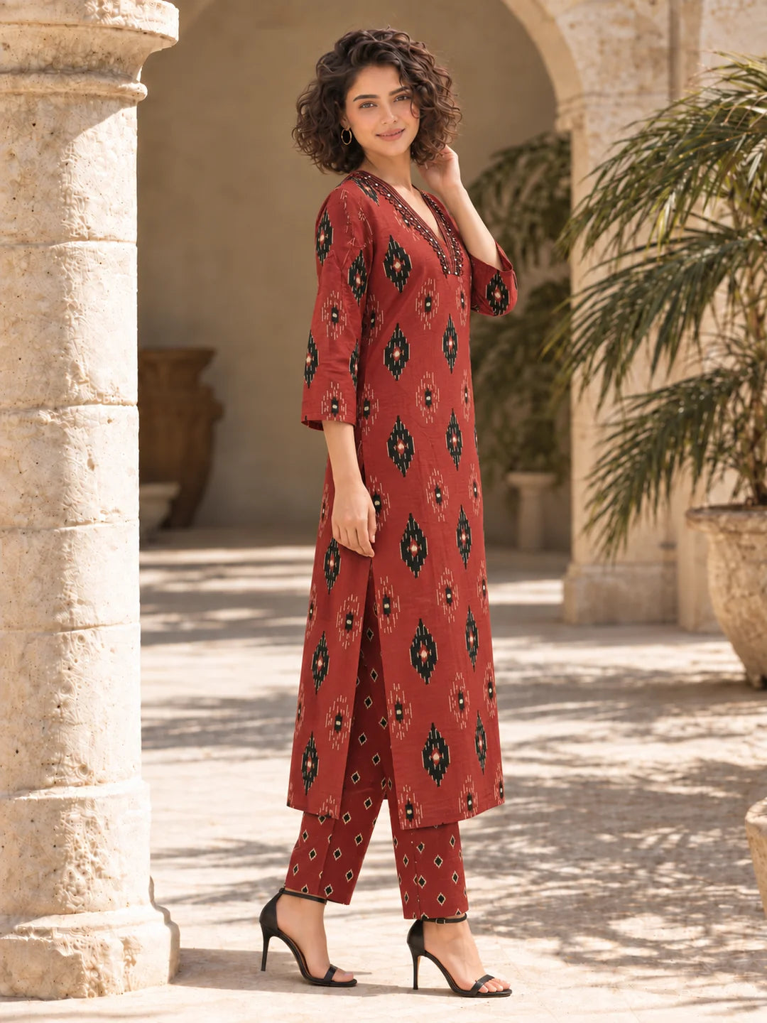 Maroon and Black Ikat Print Kurta Set in Cotton