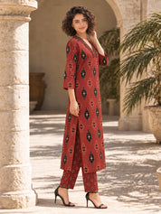 Maroon and Black Ikat Print Kurta Set in Cotton