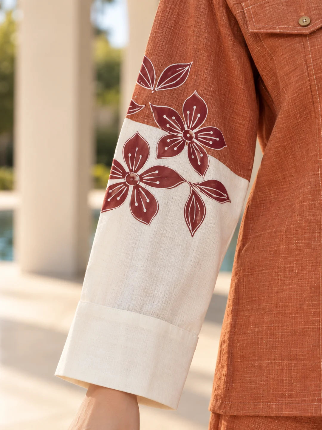 Rust Orange & White Floral Contrast Shirt Co-ord Set in Cotton Linen