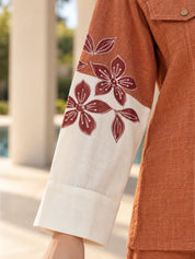 Rust Orange & White Floral Contrast Shirt Co-ord Set in Cotton Linen
