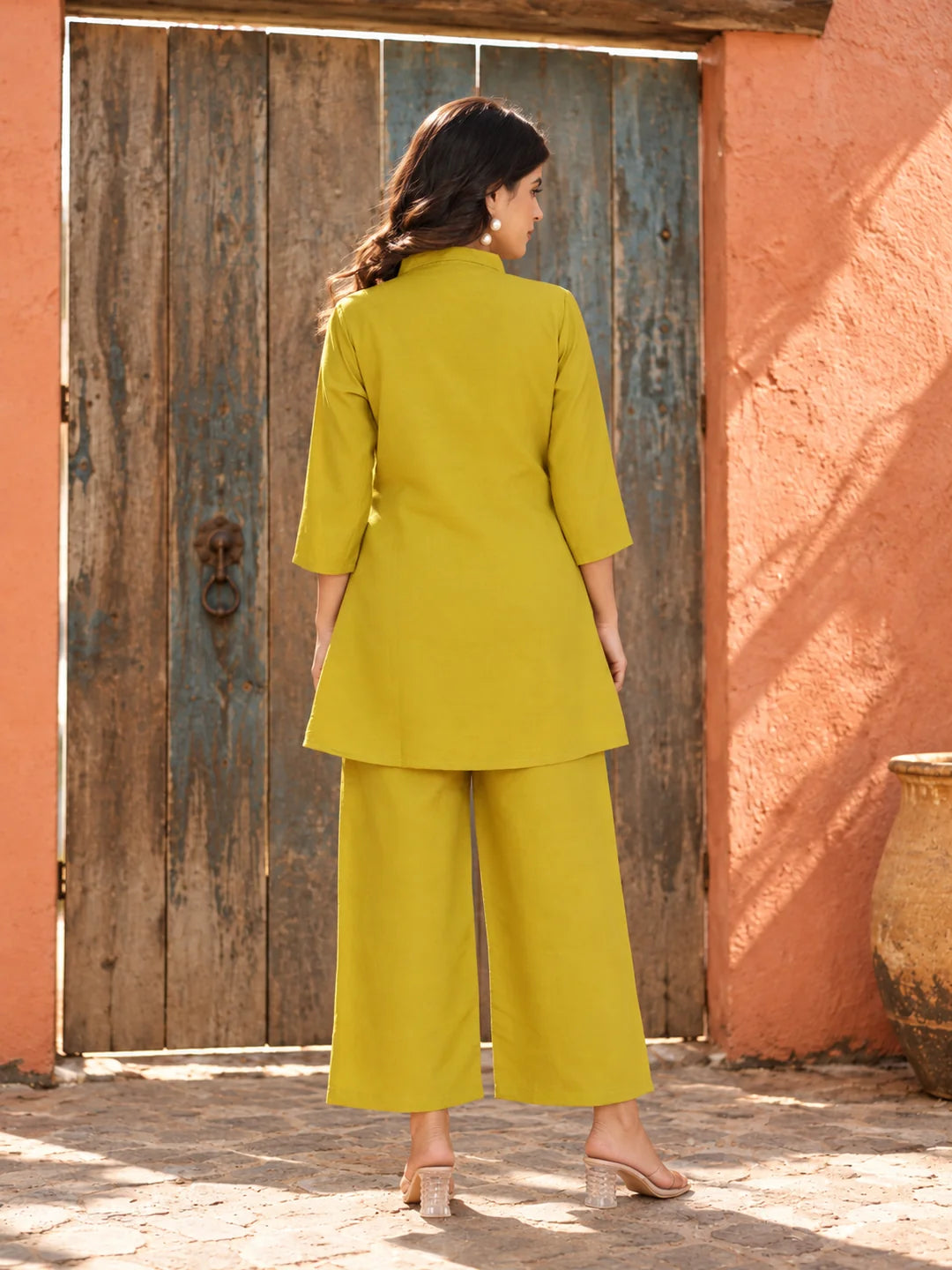Lime Green Floral Placement Embroidered Co-Ord Set in Roman Silk