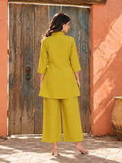 Lime Green Floral Placement Embroidered Co-Ord Set in Roman Silk