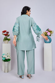 Mint Green Floral Sequins Tunic With Trouser