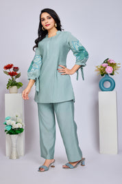 Mint Green Floral Sequins Tunic With Trouser