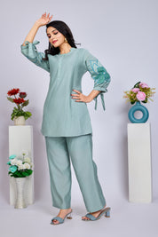 Mint Green Floral Sequins Tunic With Trouser