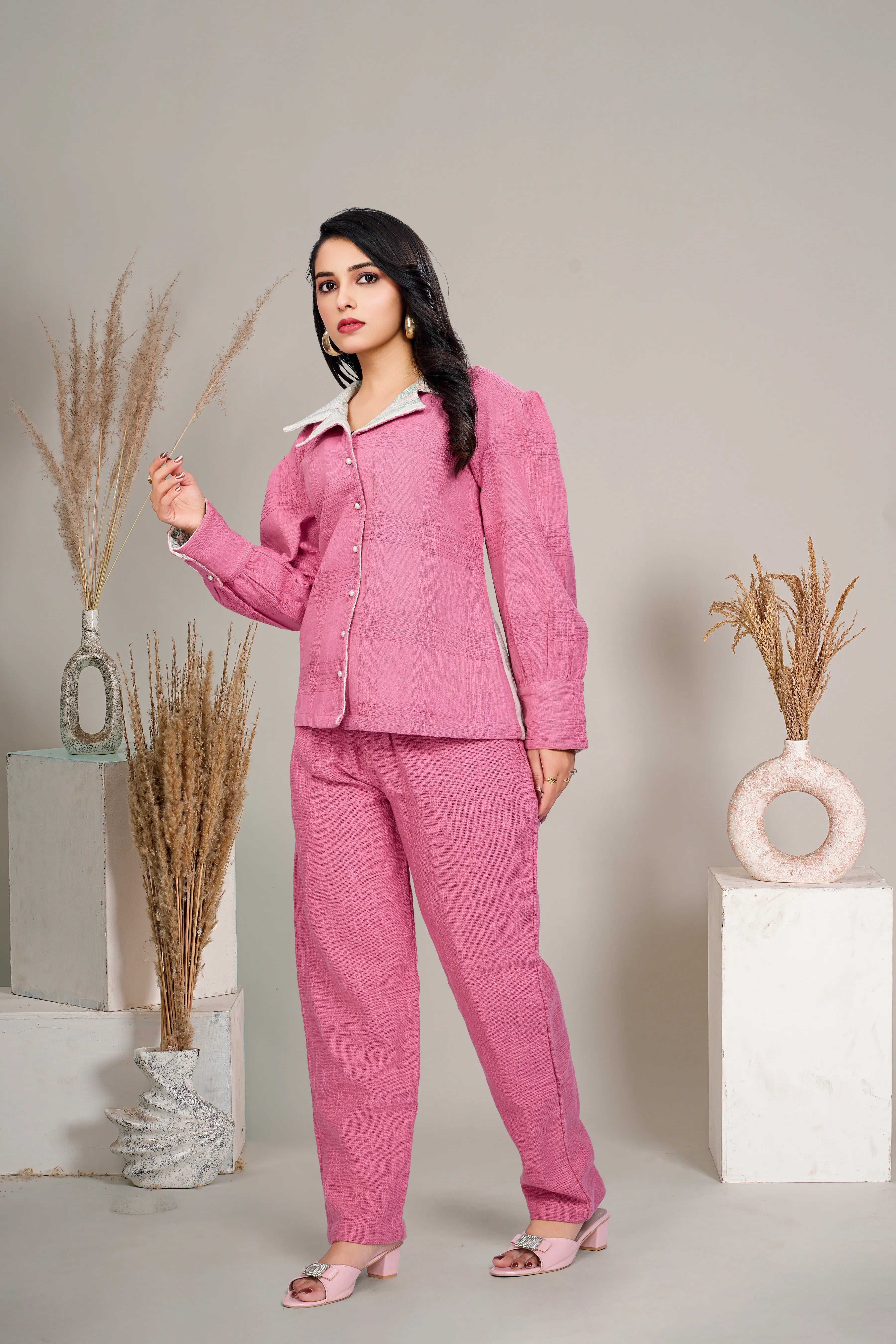 Dark Pink Cotton Top and Trouser Co-Ord Set