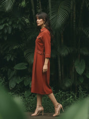 Rustic Red Cotton Shirt Dress with Printed Pocket Detail in Cotton