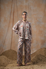 Kaftanize Multicolored Embroidered Viscose Top & Trouser Co-Ord Set