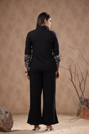 Black Multicolor Floral Embroidered Cotton Western Co-ord Set