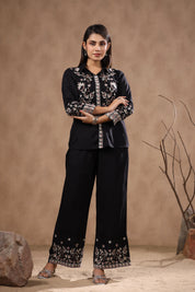 Black Multicolor Floral Embroidered Cotton Western Co-ord Set