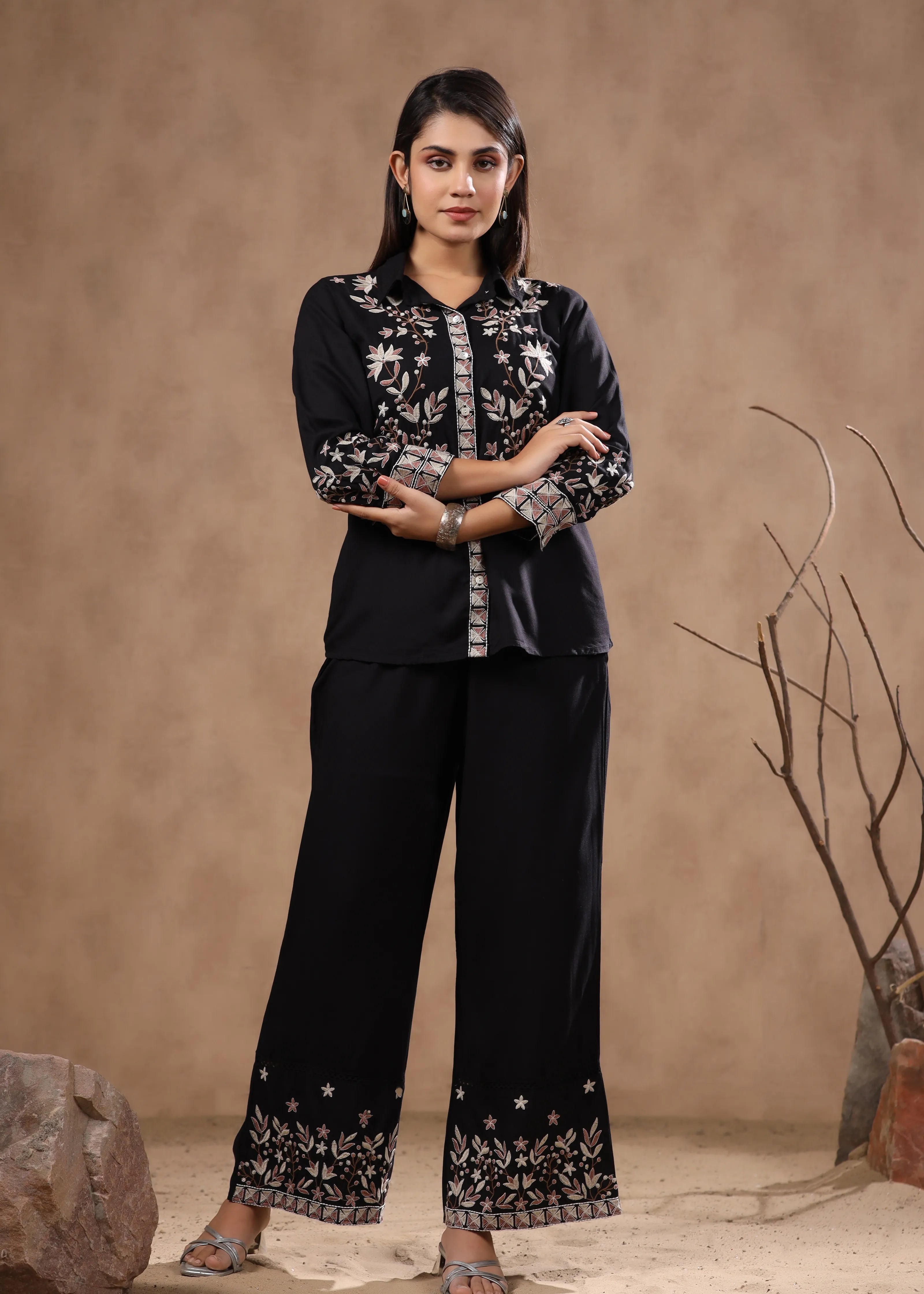 Black Multicolor Floral Embroidered Cotton Western Co-ord Set