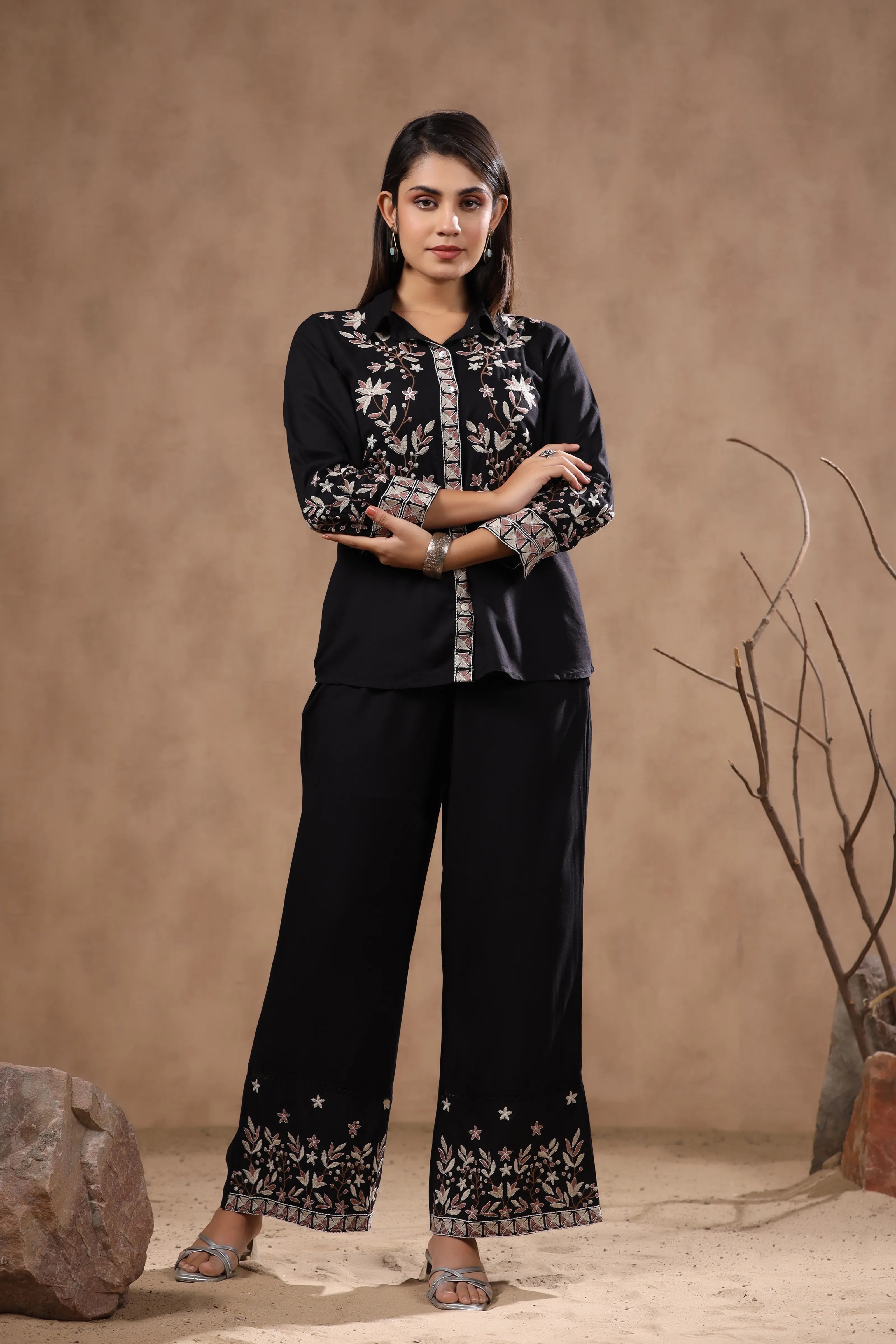 Black Multicolor Floral Embroidered Cotton Western Co-ord Set