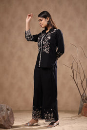 Black Multicolor Floral Embroidered Cotton Western Co-ord Set