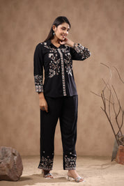 Black Multicolor Floral Embroidered Cotton Western Co-ord Set
