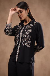 Black Multicolor Floral Embroidered Cotton Western Co-ord Set