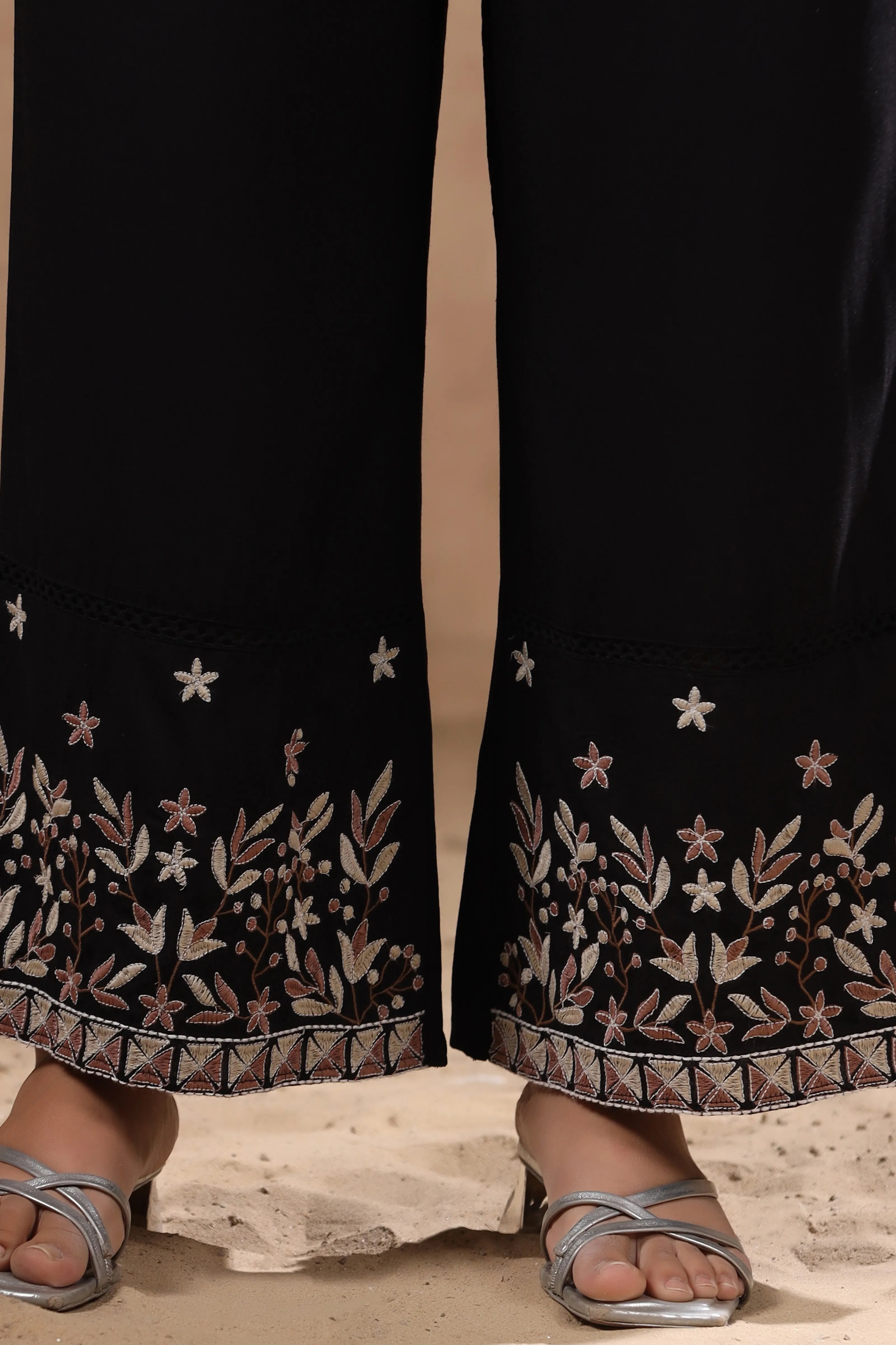 Black Multicolor Floral Embroidered Cotton Western Co-ord Set