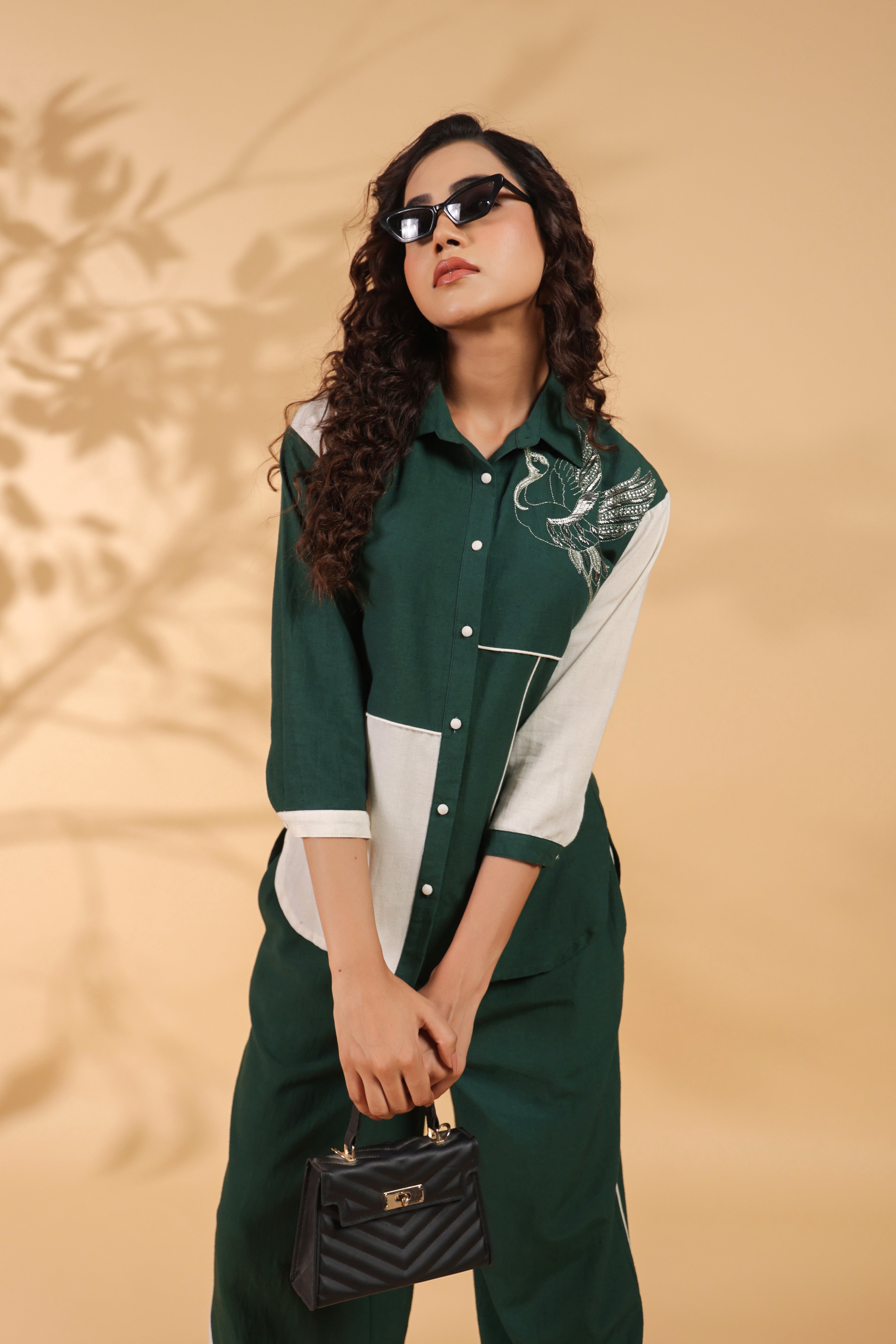 Green And White Motif Sequence Rayon Flex Co-ord Set