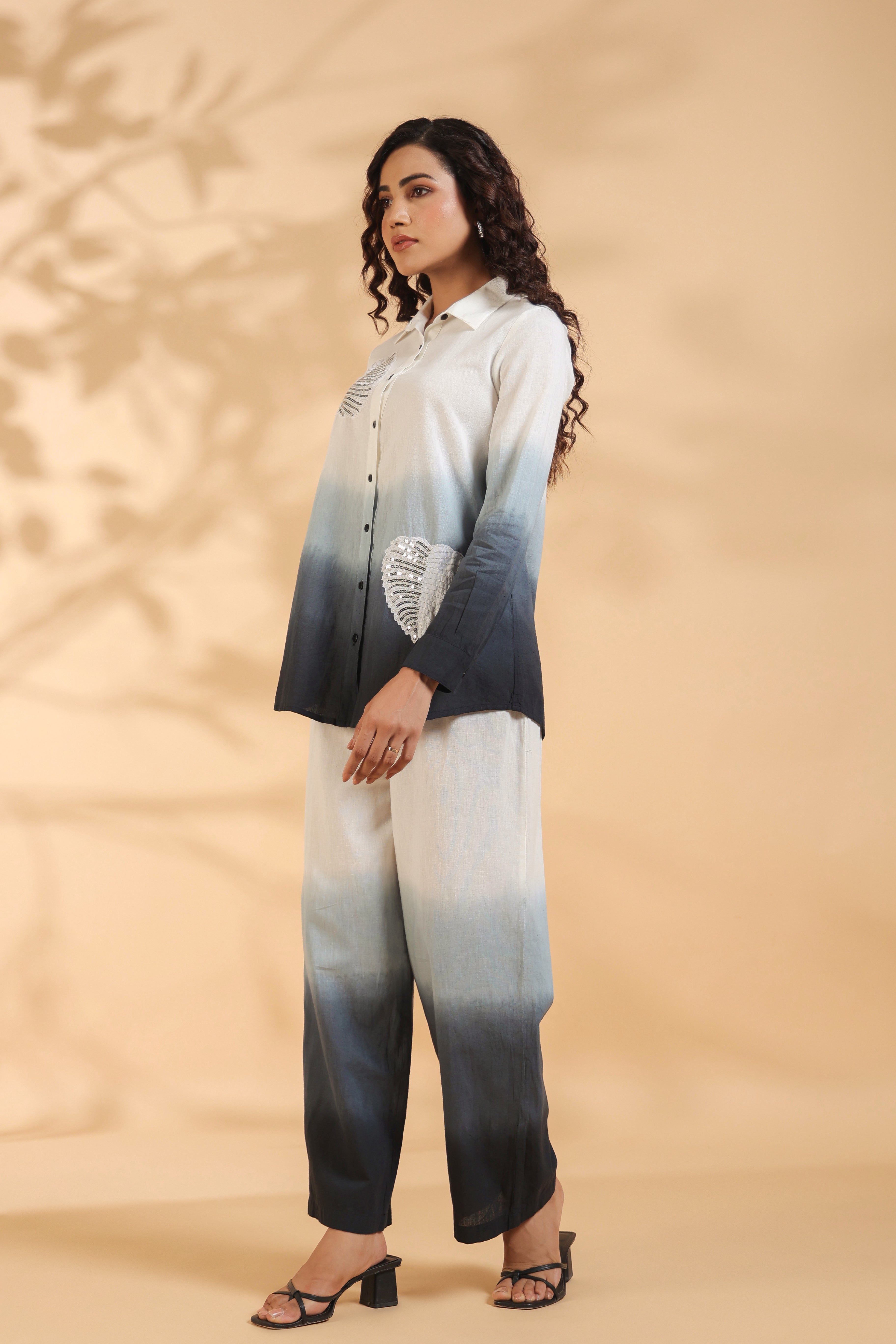 White And Navy Blue Sequence Cotton Flex Co-ord Set