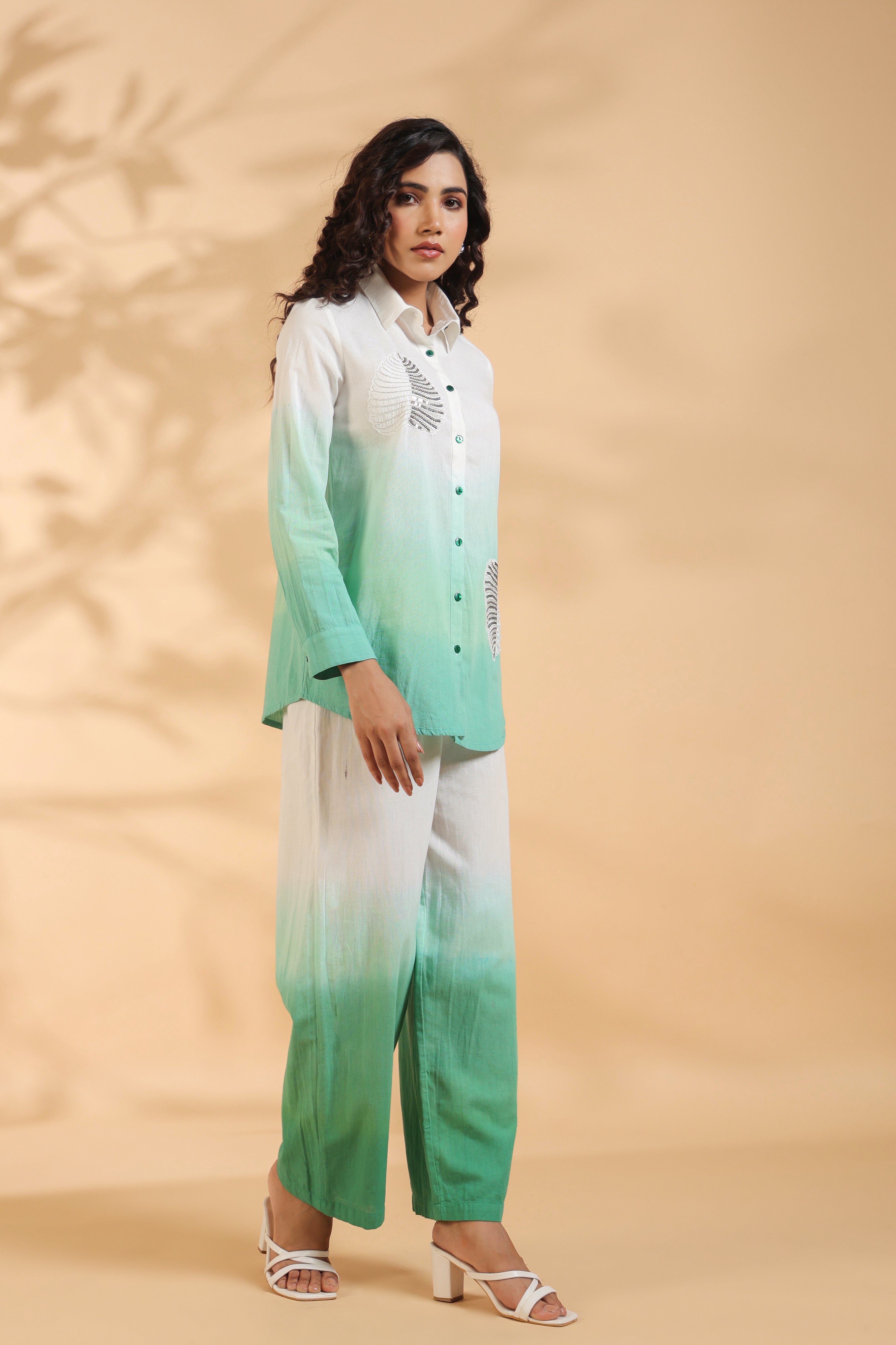 Green and White Sequence Cotton Flex Co-ord Set