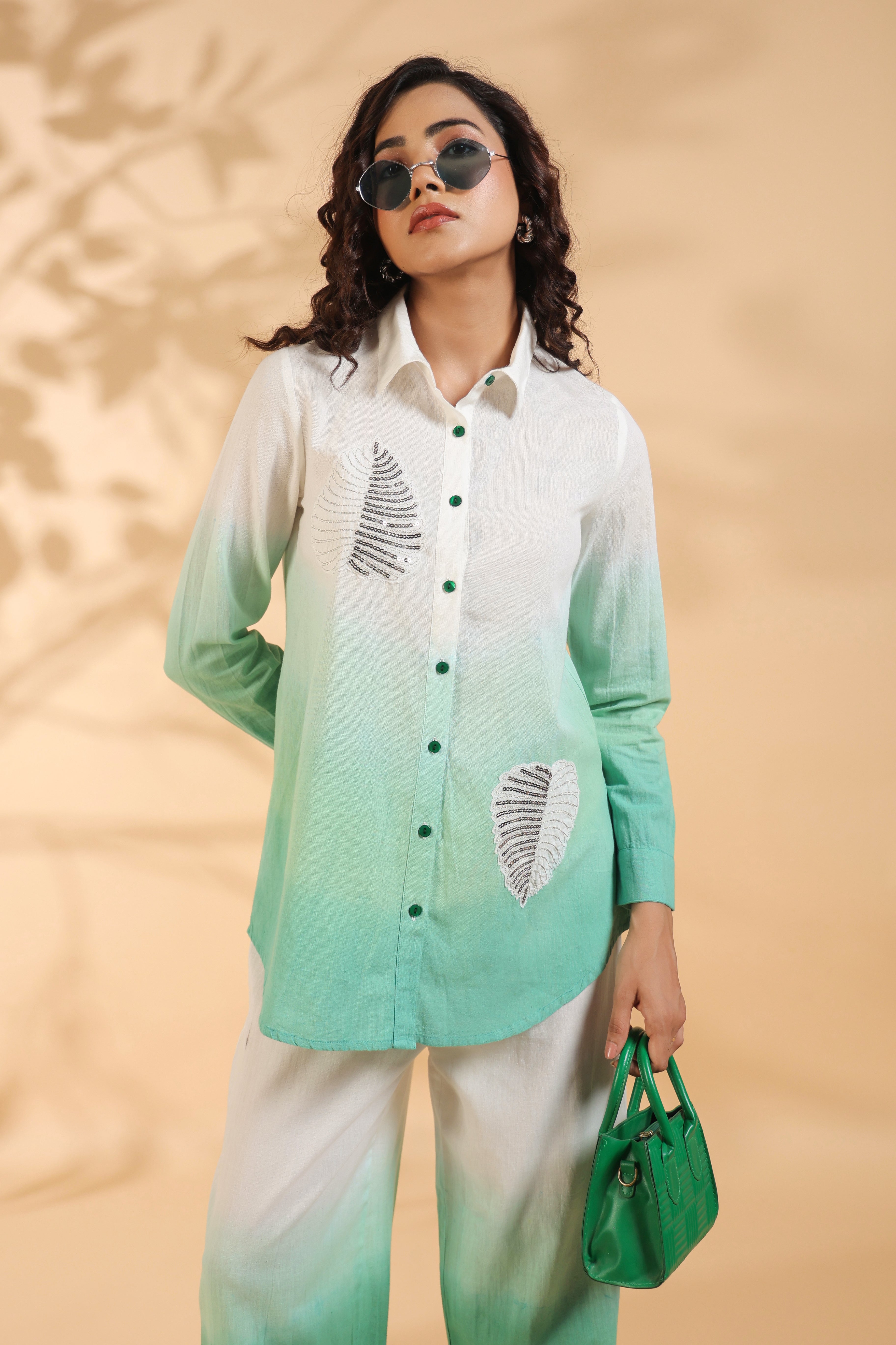 Green and White Sequence Cotton Flex Co-ord Set