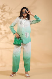 Green and White Sequence Cotton Flex Co-ord Set