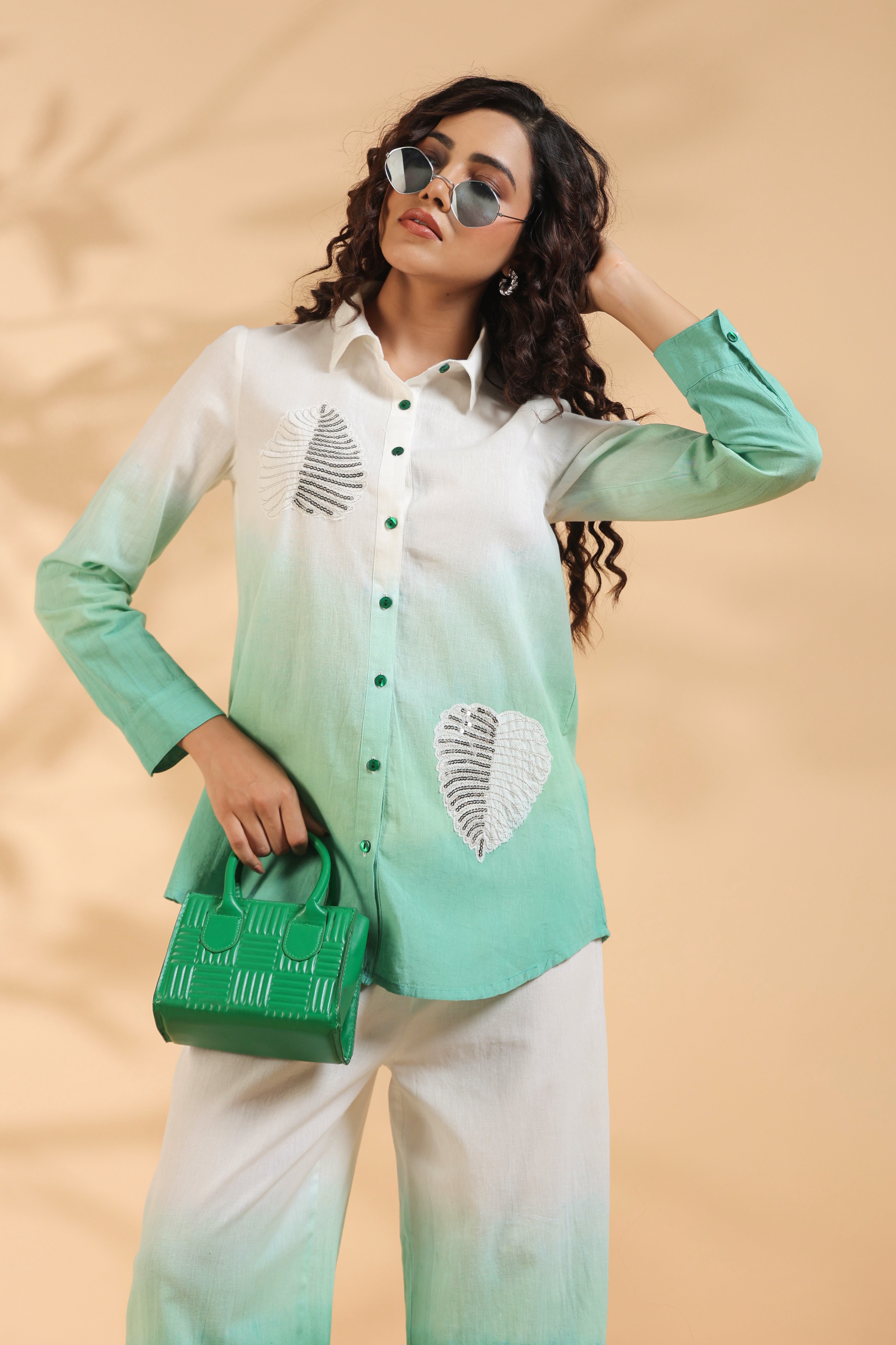 Green and White Sequence Cotton Flex Co-ord Set