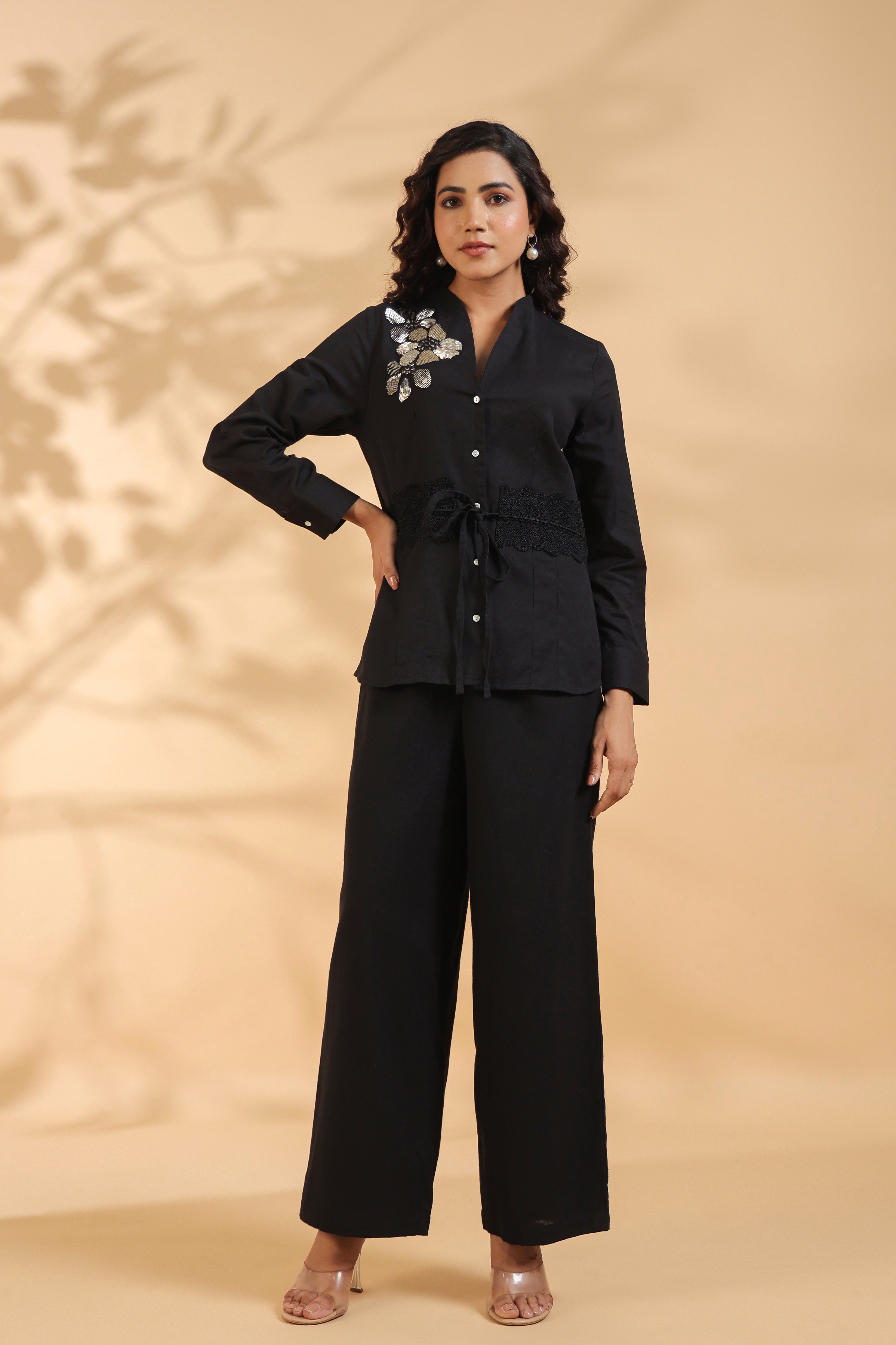 Black Beaded Flower Motif Tie Sequence Cotton Flex Co-ord Set