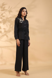 Black Beaded Flower Motif Tie Sequence Cotton Flex Co-ord Set