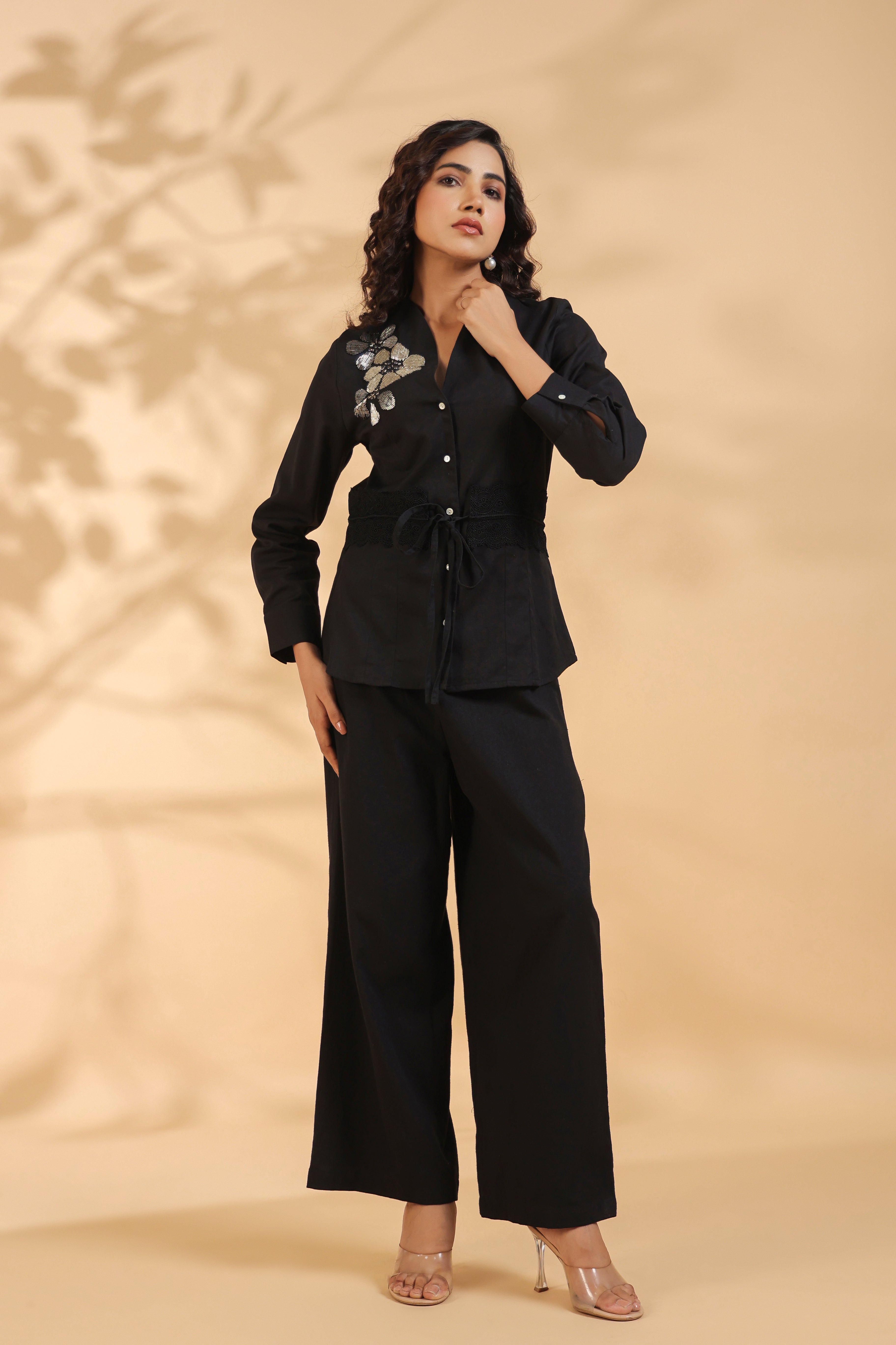 Black Beaded Flower Motif Tie Sequence Cotton Flex Co-ord Set