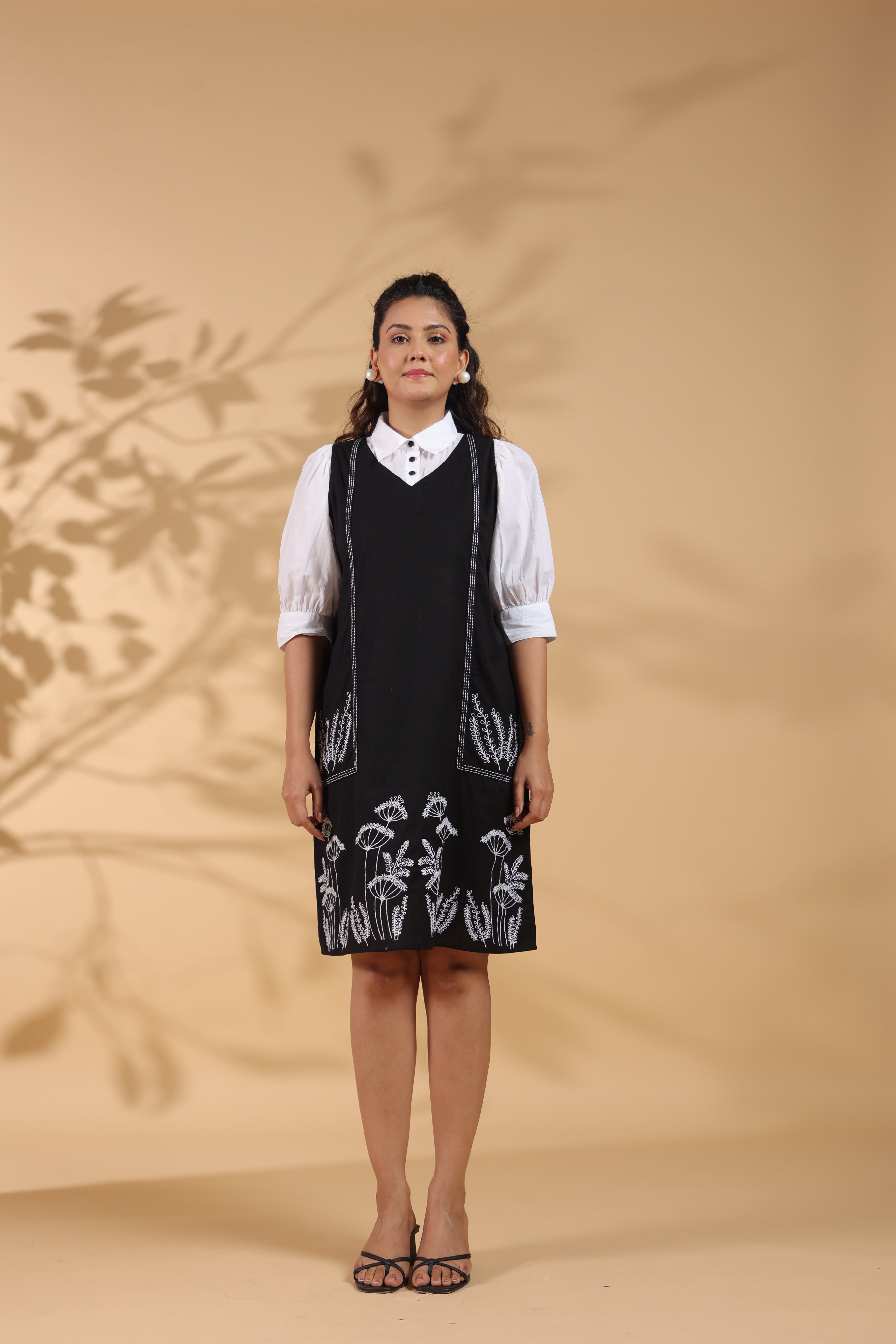 Black  Cotton Flex Embroidered Mini Shirt Dress