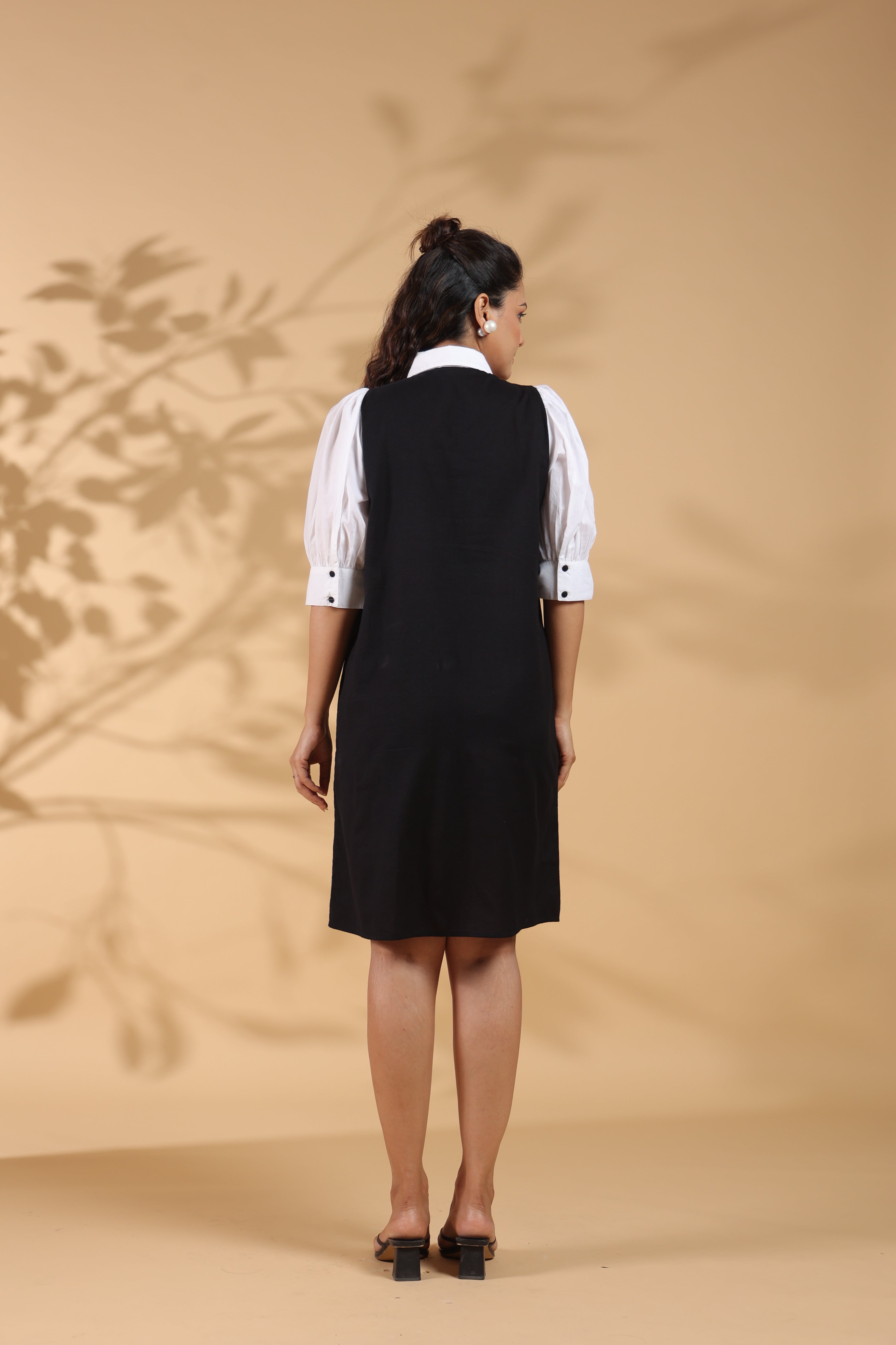 Black  Cotton Flex Embroidered Mini Shirt Dress