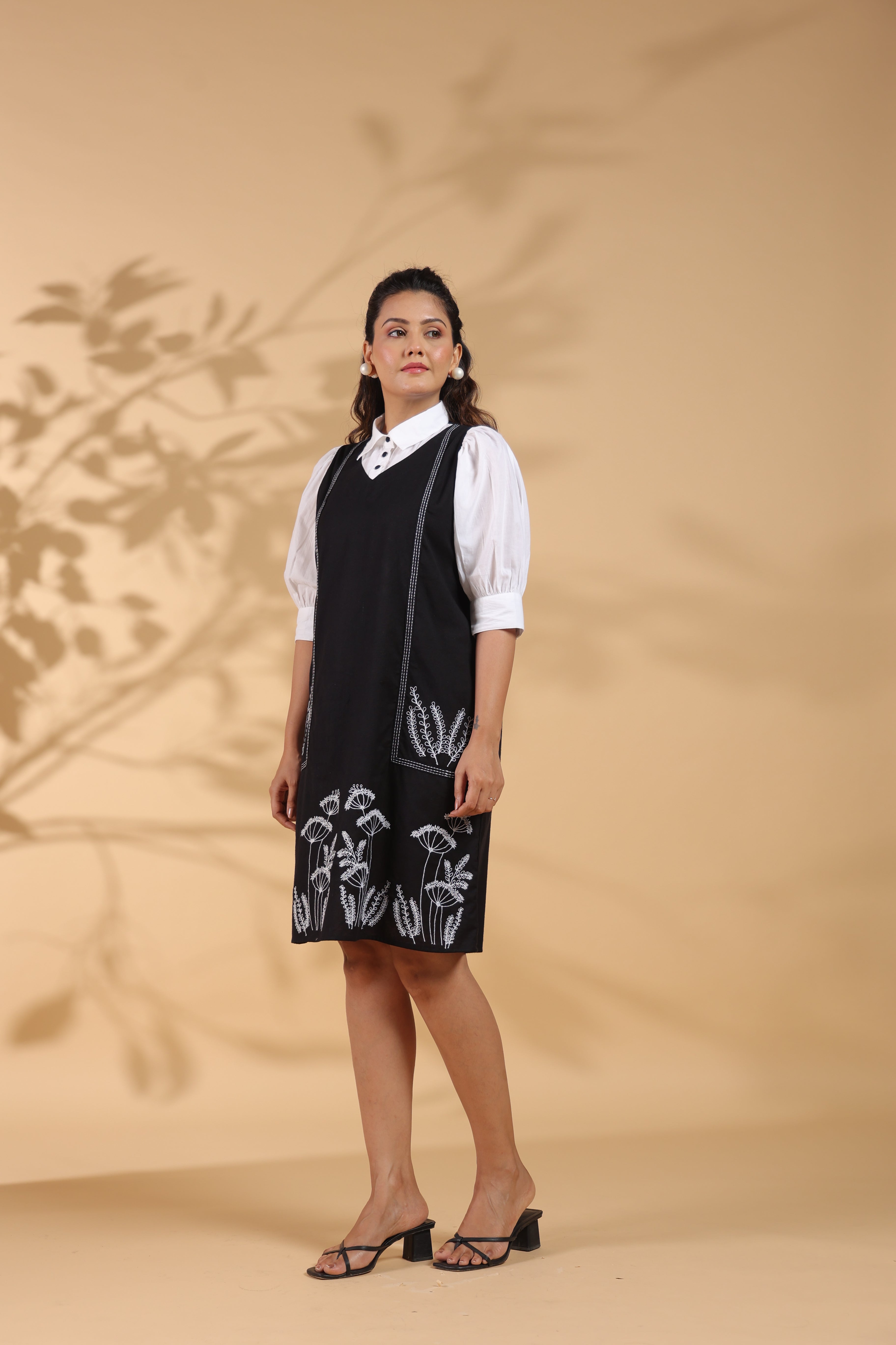 Black  Cotton Flex Embroidered Mini Shirt Dress