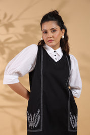 Black  Cotton Flex Embroidered Mini Shirt Dress