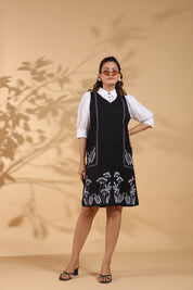 Black  Cotton Flex Embroidered Mini Shirt Dress