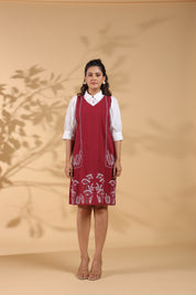 Maroon Cotton Flex Embroidered Mini Shirt Dress