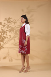 Maroon Cotton Flex Embroidered Mini Shirt Dress