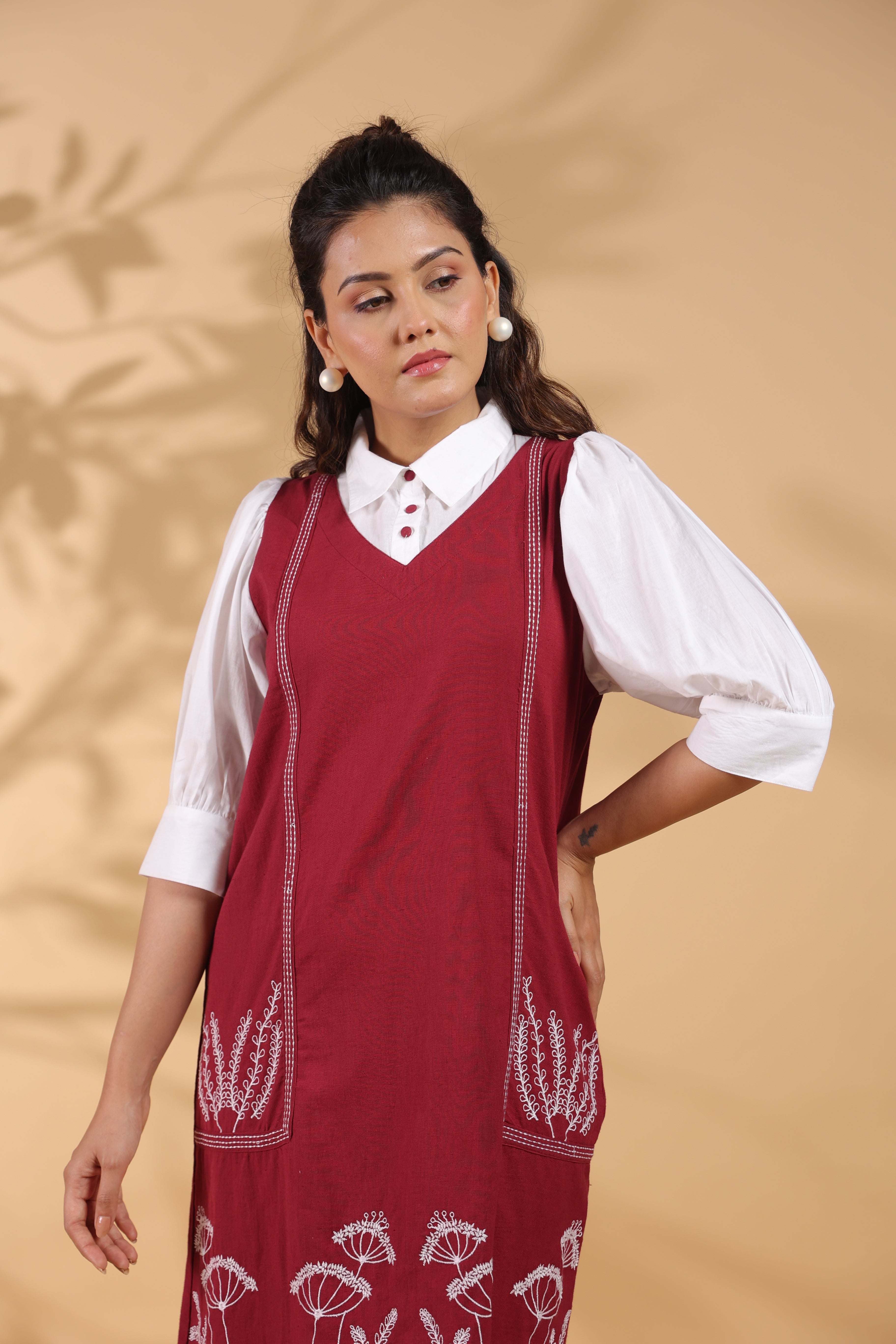 Maroon Cotton Flex Embroidered Mini Shirt Dress