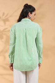 Green & White Stripe Cotton Satin Beaded flower Embroidered Shirt