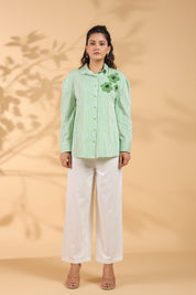 Green & White Stripe Cotton Satin Beaded flower Embroidered Shirt