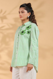 Green & White Stripe Cotton Satin Beaded flower Embroidered Shirt